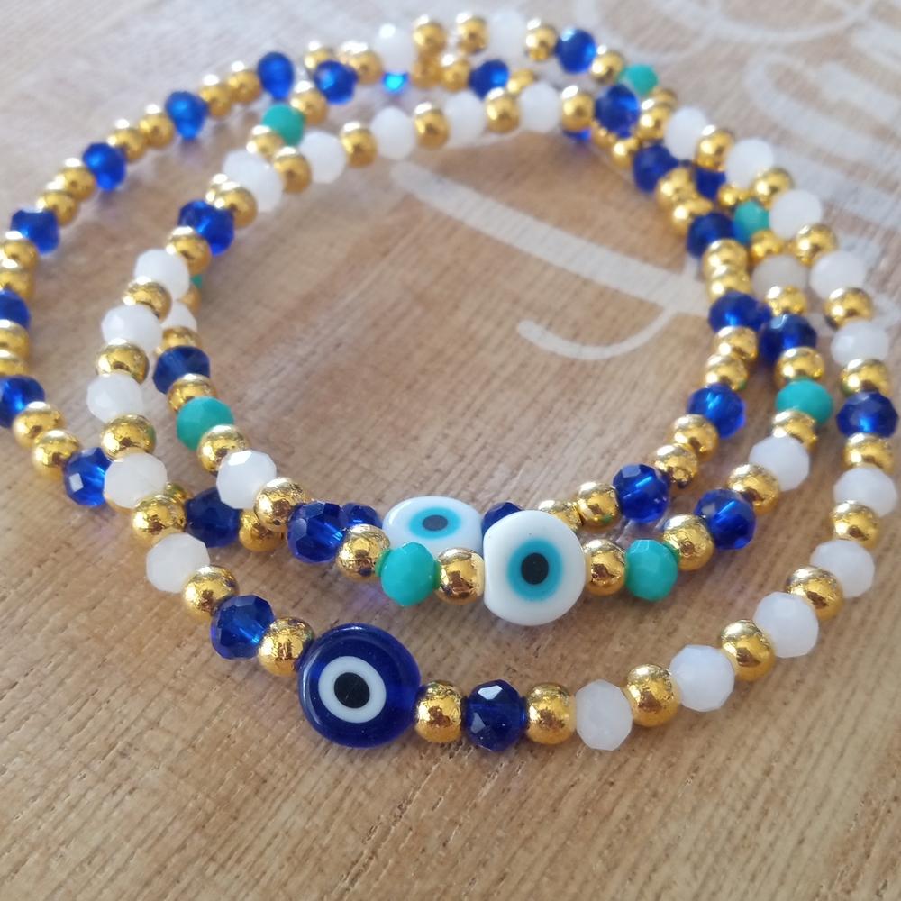 Evil Eye Beaded Bracelet Set - Blue, Gold, White